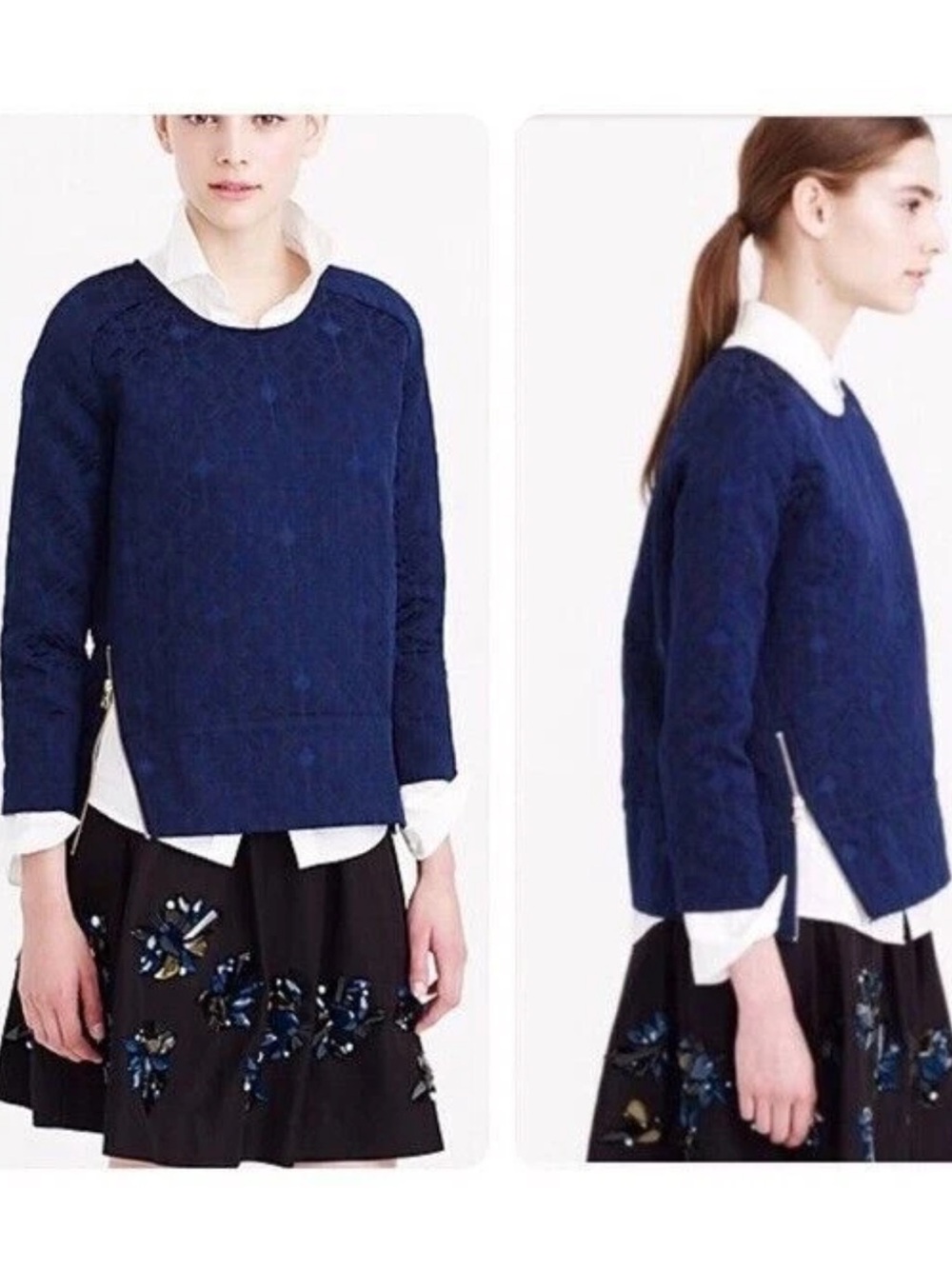 J Crew Matelasse Zip Top Navy Blue Geometric Embossed Boxy Blouse